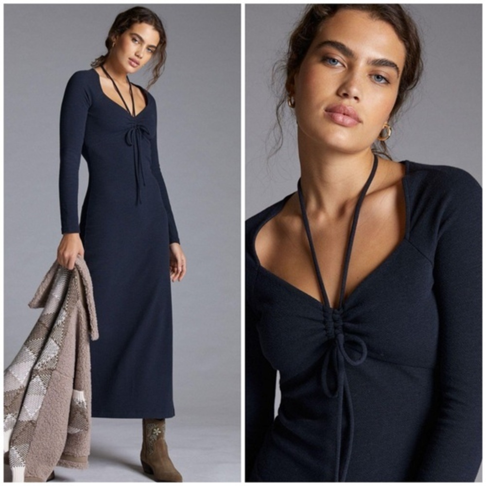 💋Anthropologie Elegant Navy Long Sleeve Dress stretchy material size S